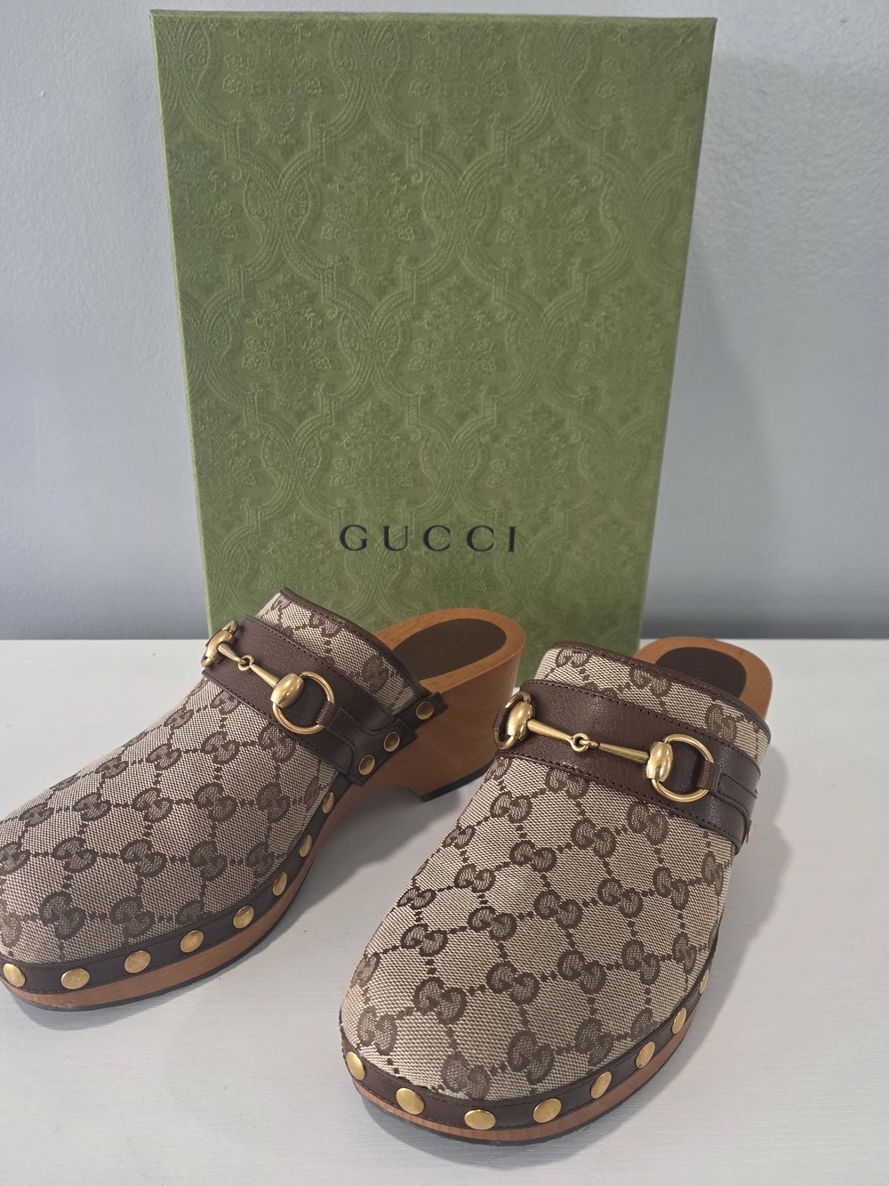 Gucci Beige & Brown GG Canvas Studded Clog - Picture 8 of 16